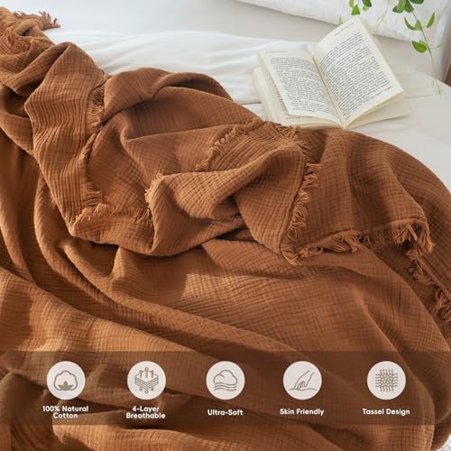 MooMee 100% Cotton Muslin Blanket, Fringed 4-Layer Gauze Bed Couch Throw - color: Drak Orange, size: Throw