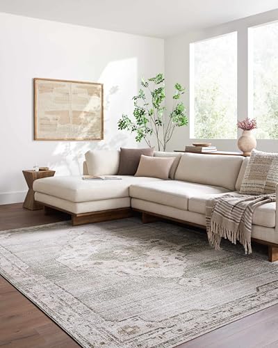Hauteloom Sinclair Oriental Medallion Area Rug - Vintage Faded Look Traditional Floral Carpet for Living Room, Bedroom, Dining Room - Farmhouse - Sage, Ivory, Taupe - 6'7" x 9' - color: Light Gray, Off - White, Olive / Havard, size: 6'7" x 9' (Rectangular
