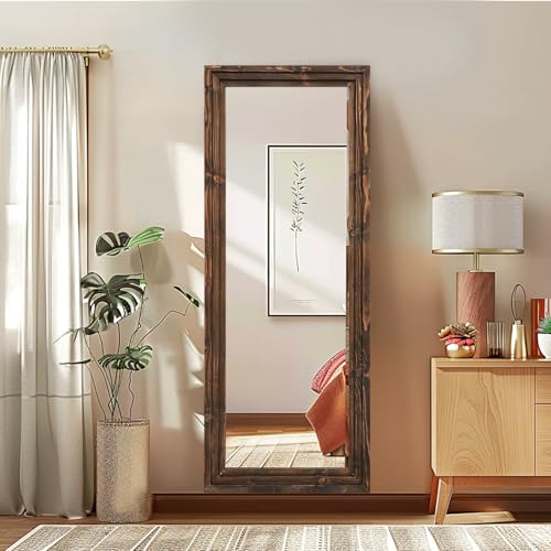 58x22in Full Length Mirror, 3-Tier Stepped Solid Wood Frame, Brown - color: Brown, size: 58"L x 22"W