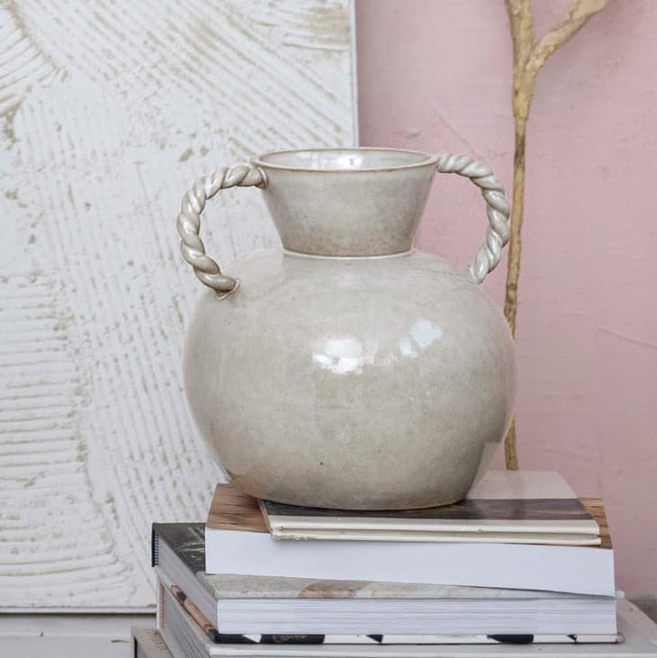 9.25 Inches Stoneware Vase with Twisted Handles and Reactive Glaze, Cream Color - color: Cream