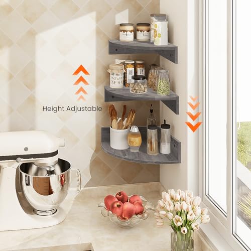 Homode Corner Floating Shelves, Set of 3 Corner Wall Shelves for Storage and Display, 3 Tier Wood Hanging Shelf Organizer for Cable Box, for Bedroom, Bathroom, Kitchen, Rustic Grey - color: Grey