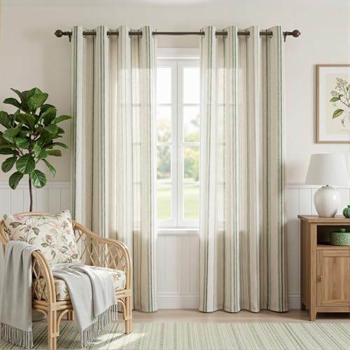 MYSKY HOME Green Striped Linen Curtains for Living Room 84 Inches 2 Panels - color: Green, size: 52"W x 84"L (Pack of 2)