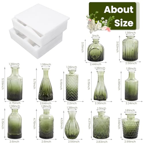 TBWIND 12pcs Green Glass Bud Vases Set, Small Vases for Flowers - color: Green-12pcs, size: 12Pcs