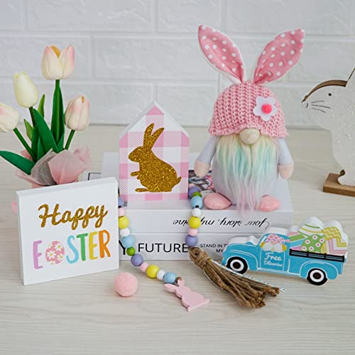 Easter Decorations, 5Pcs Easter Gnome Tiered Tray Decor, Glitter Easter Wood Signs, Truck Full of Eggs, Easter Bunny Gnome, Spring Easter Bead Garland, Rustic Farmhouse Spring Easter Decor - style: Easter