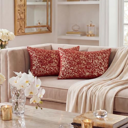 AVOIN colorlife Gold Foil Velvet Throw Pillow Covers 12 x 20 Inch, Red Luxury Accent Cushion Case Glitter Decoration for Home Sofa Couch Set of 2 - color: Red, size: 20" x 12" (Pack of 2)