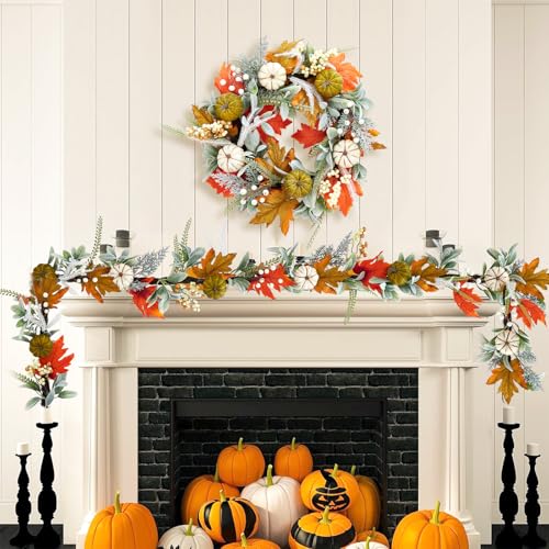GarveeHome Fall Garland for Mantel, 6 ft Autumn Pumpkin Garland with Maple Leaves for Table Centerpiece Fall Thanksgiving Decorations Indoor Outdoor Fireplace Home Decor