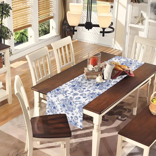 Snycler 13x72 Inch Table Runner Blue Monochrome Sketch Flower Birds Butterfly Table Cover Retro Floral Kitchen Dining Table Decoration for Indoor Outdoor Home Party Restaurant Supplies - color: Blue Sketch Flower, size: 13" x 72"