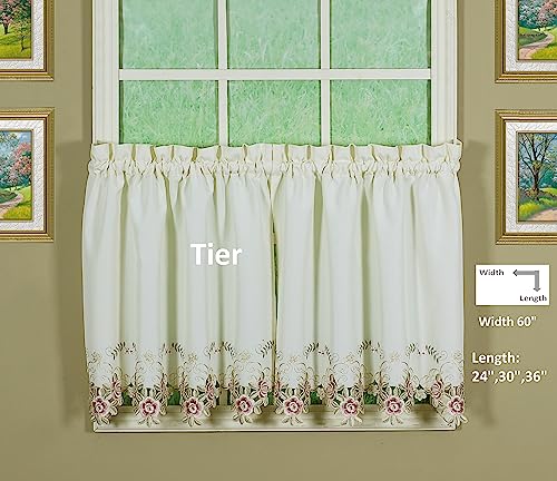 Today's Curtain Verona Reverse Embroidery Tier, 30", Ecru/Rose, 60"W X 30"L - color: Ecru/Rose, size: 60"W x 30"L (Pack of 1)