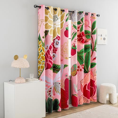 Tyrot Pink Coquette Floral Grommet Blackout Curtains, 52W x 63L, 2 Panels - color: Boho Rose, size: 52"W x 63"L (Pack of 2)
