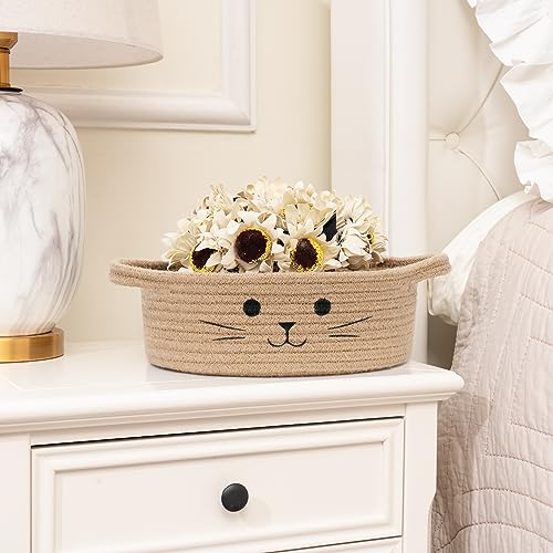 Small Woven Rope Cat Toy Basket with Cat Face Design, Jute - color: Jute, size: 9.8"W x 4"H