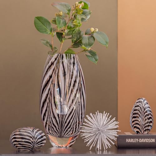 Murano Style Glass Vase Hand Blown Black and White Feather Pattern Effect - color: Black and White
