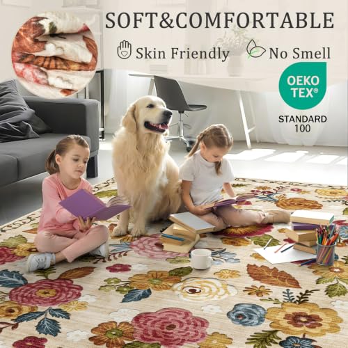 Washable Non-Slip Small Area Rug 16x24, Also a Door Mat or Pet Feeding Mat - color: Beige, Cream, Mustard, Brick Red and Blue, size: 1'4" x 2' (Rectangular)