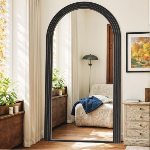 Antok Full Length Mirror 82"×44" Floor Mirror Standing Tall Mirror, Arched Stand up Large Wall Mirrors, Freestanding Full Body Mirrors for Bedroom Living Room Wood Vintage Style Black - color: Black, size: 82"L x 44"W, style: Wood Vintage Style