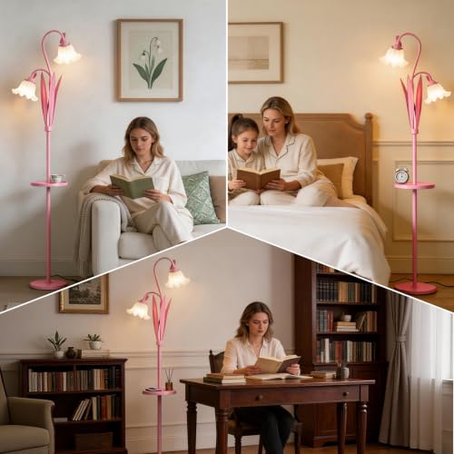 Pink Flower Floor Lamp with Table, Adjustable Floral Standing Lamp for Girl - color: Peach Pink
