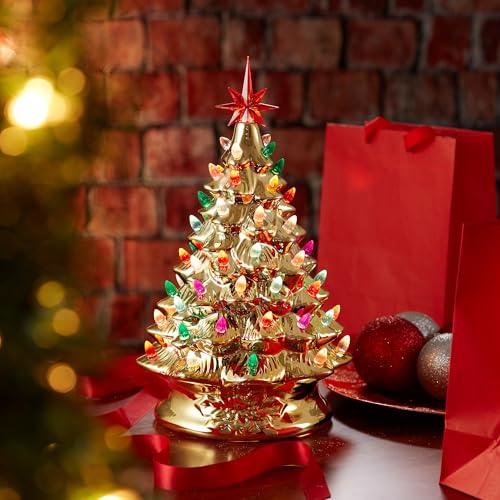 Casafield Hand Painted Ceramic Christmas Tree, Gold 15-Inch Pre-Lit Tree with 128 Multi Color Lights and 2 Star Toppers - color: Gold