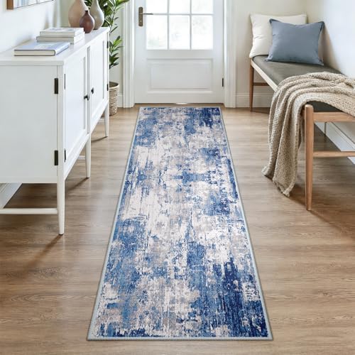 RELEANY Washable Runner 2'6"x8' Abstract Area Rug for Hallway Blue Gray - color: Blue/Gray, size: 2'6" x 8' (Runner)