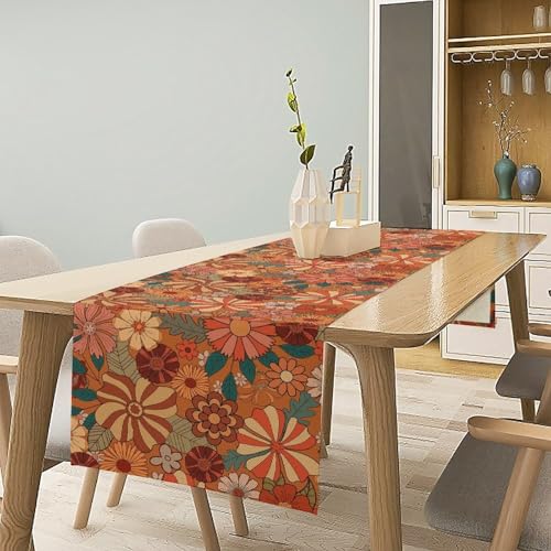 Vintage Floral Table Runner Boho 70s Style Retro Flower Hippie Groovy Pattern Dinner Runner for Home Kitchen Dining Table Party Holiday Decor 13"x36" - color: Orange-32, size: W13"x L36"