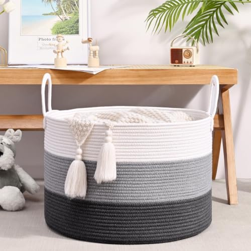 67L Large Woven Blanket Basket, Cotton Rope Baby Laundry Hamper with Handles, Kids Toy Basket for Classroom & Nursery, Soft Round Stuffed Animal Storage, Dog Toy Bin - 20"x13", Gray - color: Dark Gray - W, size: Wide (20"D×13"H)