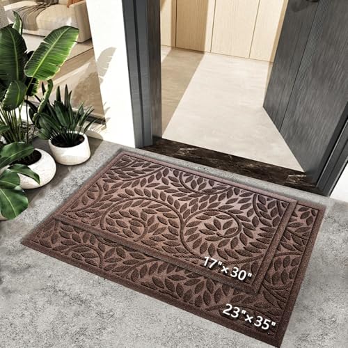 Bulijojo Front Door Mat Entrance,Durable Heavy Duty Welcome Mat,Thick Absorbent Natural Rubber Non Slip Mat,Sturdy Entryway Brown 23"x35" - color: Brown, size: 1'11" x 2'11" (Leaf)