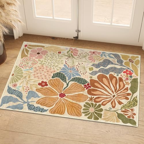MUJOO 2x3 Washable Rug Floral Small Area Rugs Non Slip Low-Pile Beige - color: Beige, size: 2' x 3' (Rectangular)