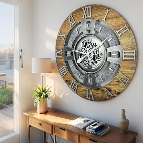 ImprovingLife The Gears Clock Real Moving Gear Wall Clock England Line (Wood & Stone, 24 inches (60 cm)) - color: Wood & Stone, size: 24 inches (60 cm)