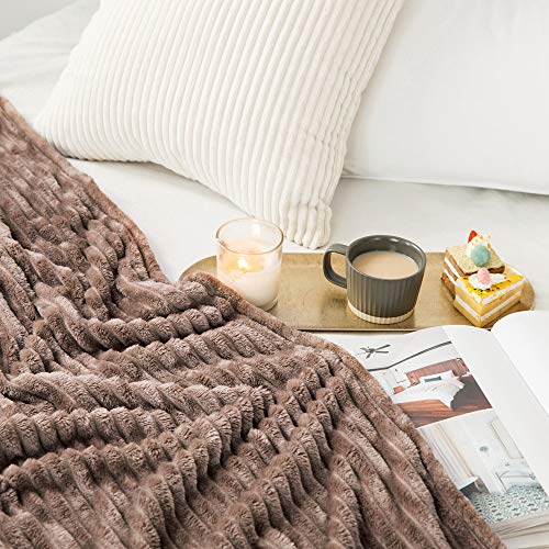 MIULEE Fleece Throw Blanket for Couch 300GSM Super Soft Lightweight Plush Striped Blanket, Brown Warm Cozy Breathable Ribbed Flannel Blanket for Bed/Sofa, Throw Size 50"x60" - color: Brown, size: 50"x60"
