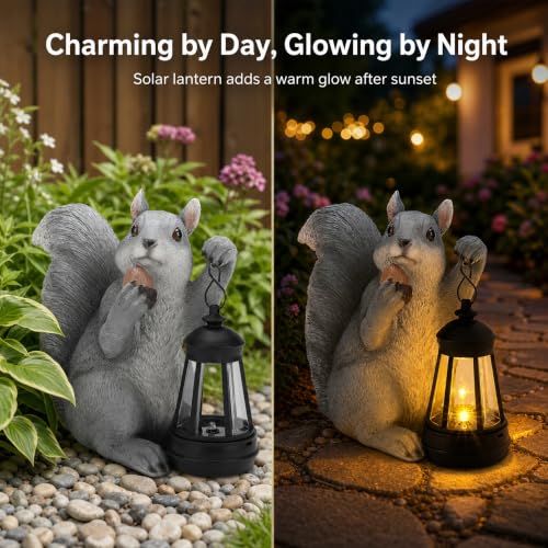 Grey Solar Squirrels Garden Statue, Outdoor Fall Decor, 8" H - color: Gray