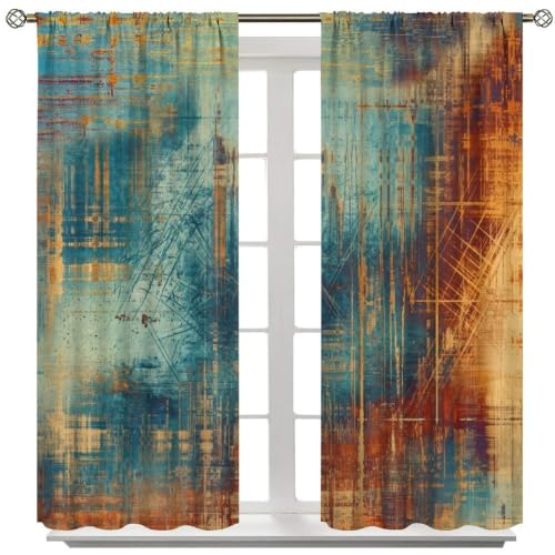 Blue Orange Curtains, Vintage Abstract Art Painting Window Treatments for Kitchen Bedroom Living Room 2 Panel Sets,42x45 Inch Decor - color: Geometric-13, size: 21"W x 44.5"L (Pack of 2)