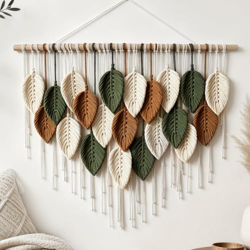 Gullora Large Macrame Wall Decor, Boho Wall Tapestry with 21 Woven Leaves | Sage Green Brown and Cream Macrame Wall Art for Living Room, Bedroom, Nursery and Dorm, Bohemian Farmhouse Home Decoration