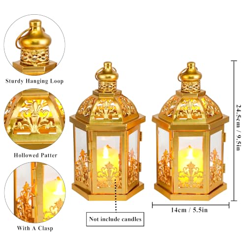 TRIROCKS Set of 2 Vintage Decorative Lanterns 9.5" H Hanging Lantern Metal Candleholder with Tempered Glass for Indoor Outdoor Home Decor Parties Garden Events Wedding(Gold) - color: 9.5" H Gold