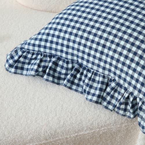 Silnuo Navy Blue/White Gingham Plaid Ruffle Throw Pillow Covers 20"x20" - color: Navy Blue Plaid, size: 20" x 20" - Set of 2