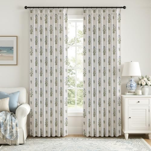 Flower Pinch Pleated Linen Curtains,Blue & White,40" W x 96" L - color: Blue and White, size: 40"W x 96"L (Pack of 2)