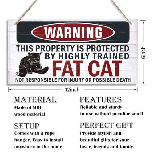 Funny Warning Signs, The Property is Protected By Highly Trained Fat Cat Sign, Decorative Wood Hanging Wood Plaque, Cute Cat Door Sign, Cat Owner Home Decor, Front Door Decor for Porch - color: FAT CAT