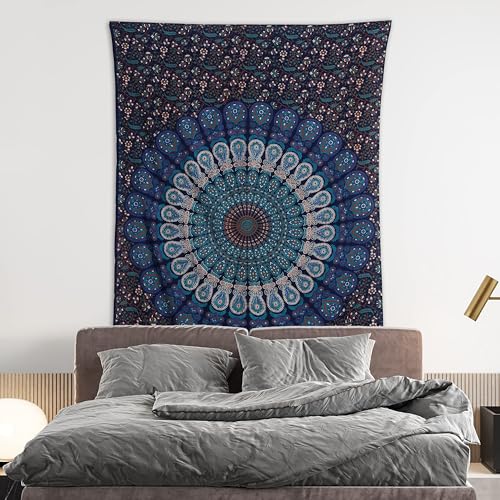 Bless International-Organic-Cotton-Blue-Green-Handmade-Mandala-Tapestry - color: Blue Green, size: 72"L x 54"W
