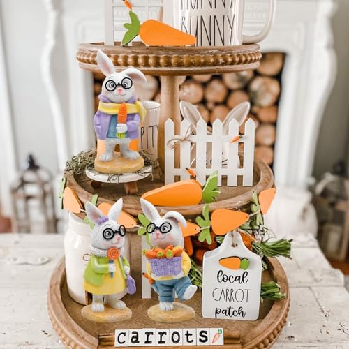 nuvagiki Spring Decorations for Home,3PCS Spring Bunny Figurines Decor, Rustic Farmhouse Bunny with Basket, Carrot Kitchen Table Tiered Tray Decor, Spring Office Classroom Decorations