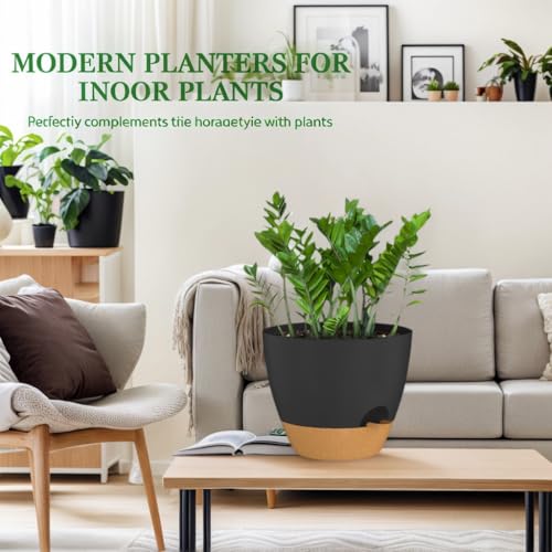ZMTECH 10 Inch Plant Pots Set of 2 Planters for Indoor Plants Self Watering Pots Flower Pots with Drainage Holes and Saucer for Outdoor Plants(Black with Brown) - color: Black With Brown, size: 10 Inch