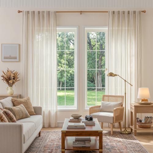 MYSKY HOME Light Brown Striped Linen Curtains for Living Room 96 Inch 2 Pcs - color: Light Brown, size: 50"W x 96"L (Pack of 2)