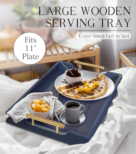 SXNOWS Wooden Serving Tray with 2 Sets of Handles,Navy Blue - color: Navy Blue-large