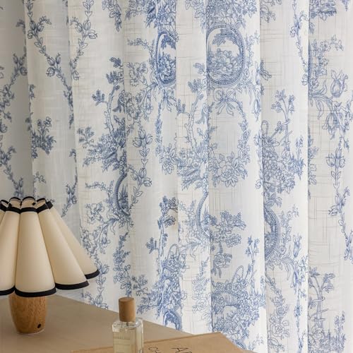 SUOUO Blue and White Toile Floral Semi Sheer Curtains 96 Inches 2 Panels - color: Blue-white, size: 52"W x 96"L (Pack of 2)