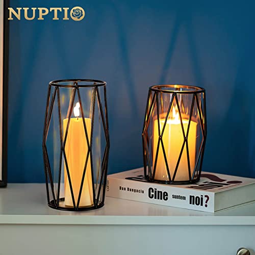 NUPTIO Black Geometric Hurricane Glass Candle Holders, Set of 2 - color: Black, size: XS+S