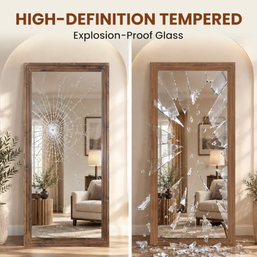 81x41in Full Length Mirror, 3-Tier Stepped Solid Wood Frame, Brown - color: Brown, size: 81"L x 41"W