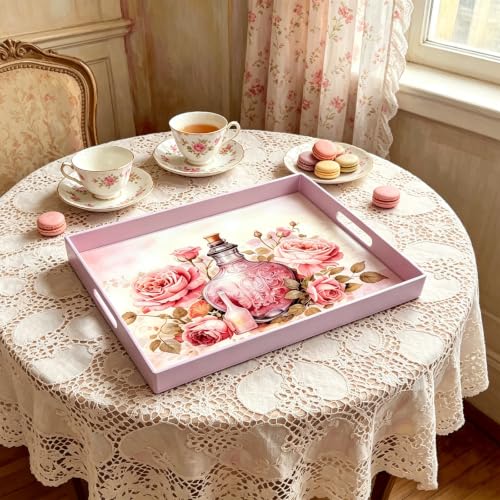 Serving Tray with Handles, 15.7 * 11.8 inches, Plastic Ottoman Tray with Exquisite Paintings, Trays for Coffee Table - color: Pink Vase