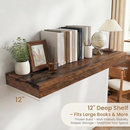 24 Inch Long Floating Shelves for Wall Set of 2, 12"D Wood Grain Shelves - color: Rustic Brown, size: 24"Wx12"Dx2"H, 2P