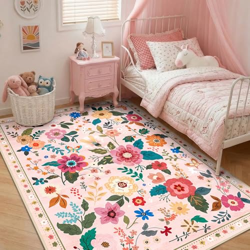 RELEANY Floral Washable 5x8 Area Rugs Pink - color: Pink, size: 5' x 8' (Rectangular)