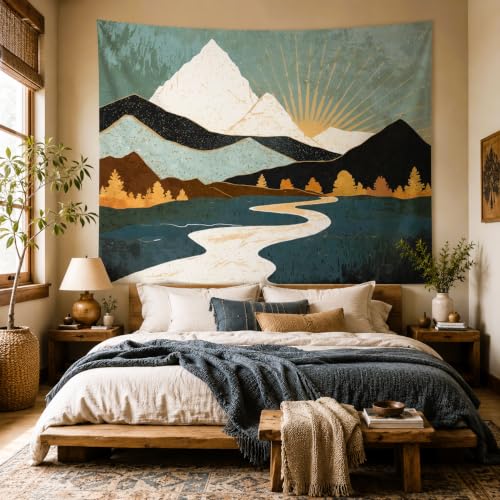 Delur Boho Mountain Tapestry Sunset Nature Forest Tree Landscape Wall Hanging Tapestry Sunrise Abstract Psychedelic Headboard for Bedroom Living Room Home Decor (70.8" x 92.5") - color: Boho Mountain, size: 70.8"L x 92.5"W