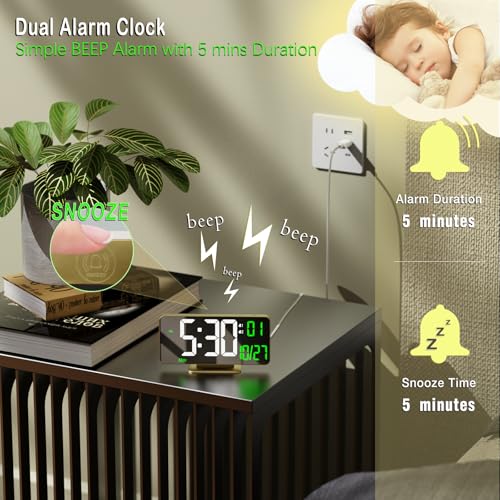 KOSUMOSU Desk Clock for Bedroom Accessories 6.7in Gold Digital Alarm Clock with Dimming,12/24h, Date, Day of Week, Temp, LED Clock, Modern Digital Calendar Clocks for Living Room Essentials - color: Gold Clock