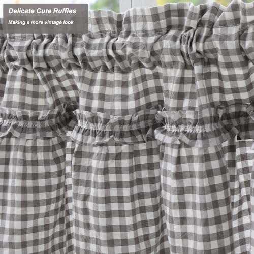 Silnuo 2 Pack Gray/White Plaid Gingham Ruffle Window Valance 26" W x 36" L - color: Grey/White, size: 26"W x 36"L (Pack of 2)