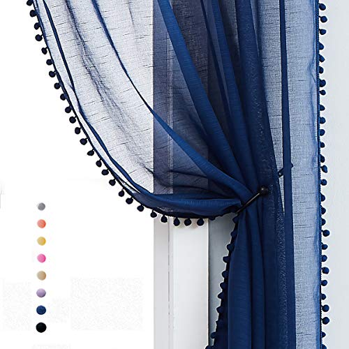 Pom Pom Blue Sheer Curtains for Bedroom 52x63" Kids Room Window Drapes Navy - color: Classic Blue, size: 52"W x 63"L (Pack of 2)