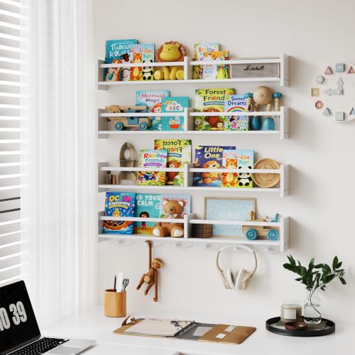 34Inch Nursery Floating bookshelf Coat Rack with 6 Hooks, Set of 4 White - color: White