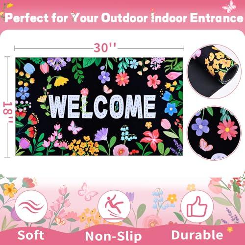 Likiyol Floral Door Mat Outside Entrance, Colorful Flower Welcome Mat Front Door Mat Butterfly Non Slip Doormat Outdoor Indoor Entrance, Low Profile, Absorbent, 18" x 30" - color: Black, size: 1'6" x 2'6" (Rectangular)